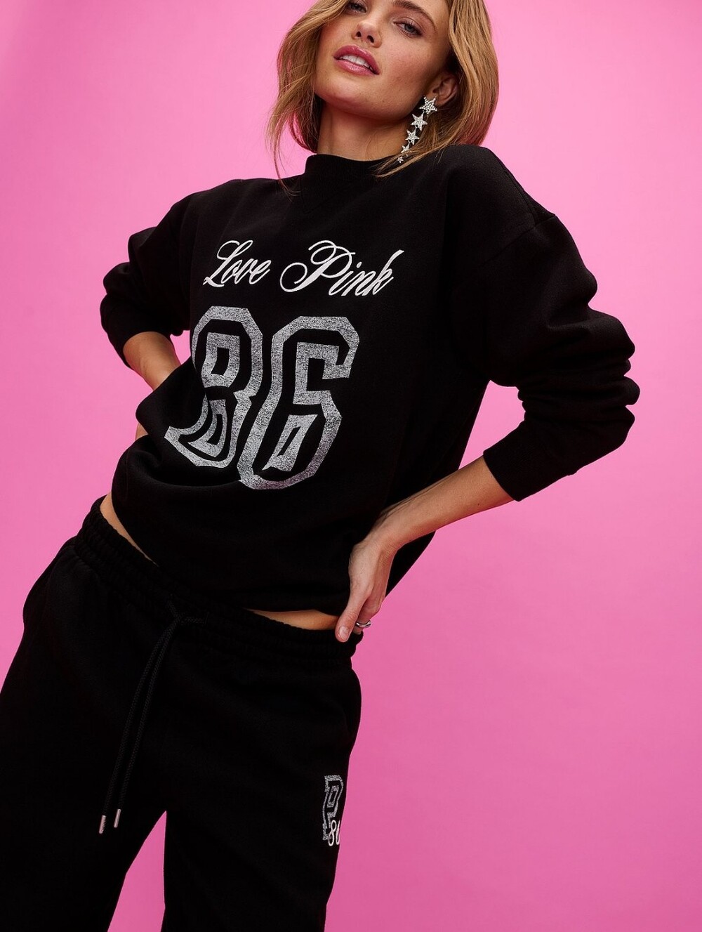PINK Victoria's Secret Black Campus Fleece Crewneck Sweatshirt Size L NWOT